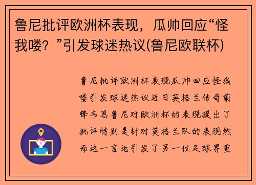 鲁尼批评欧洲杯表现，瓜帅回应“怪我喽？”引发球迷热议(鲁尼欧联杯)